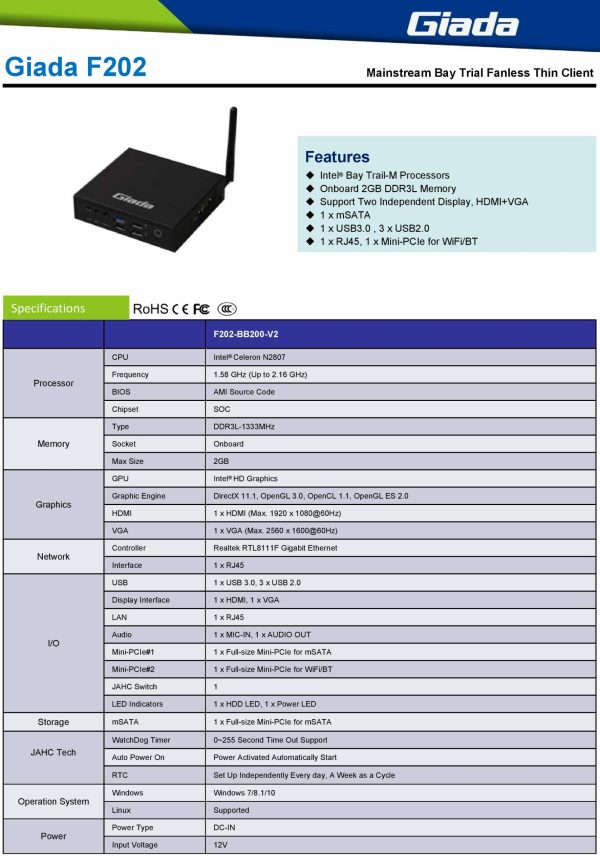 Giada F202 Fanless Celeron N2807 2GB 1xVGA,1xHDMI - Image 5