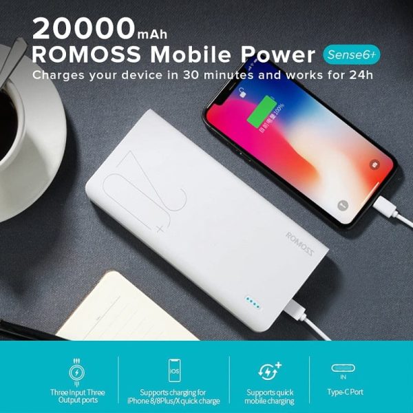 Romoss Sense6+ 20000mAh QC Type-C Power Bank - White - Image 2